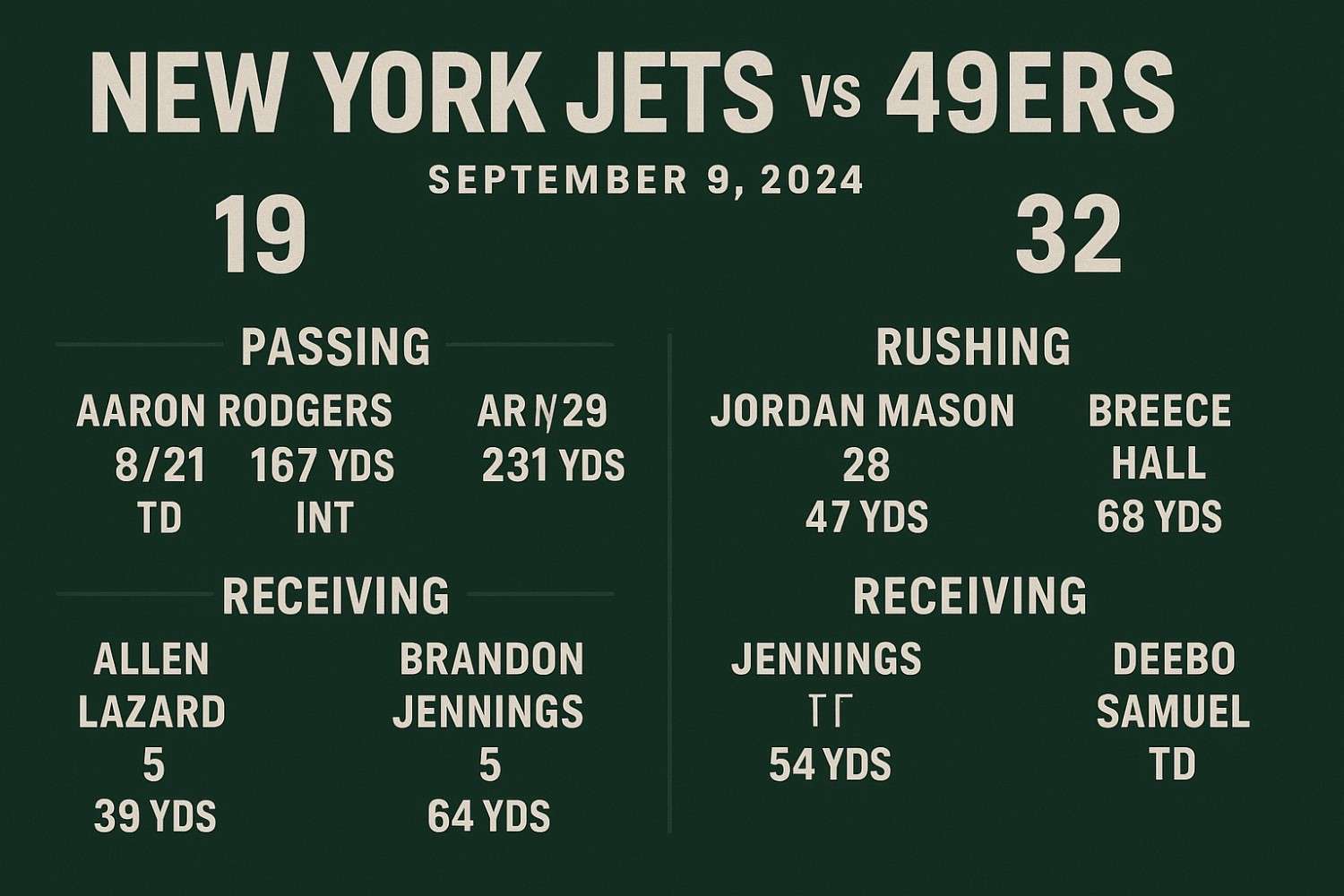 new york jets vs 49ers match player stats